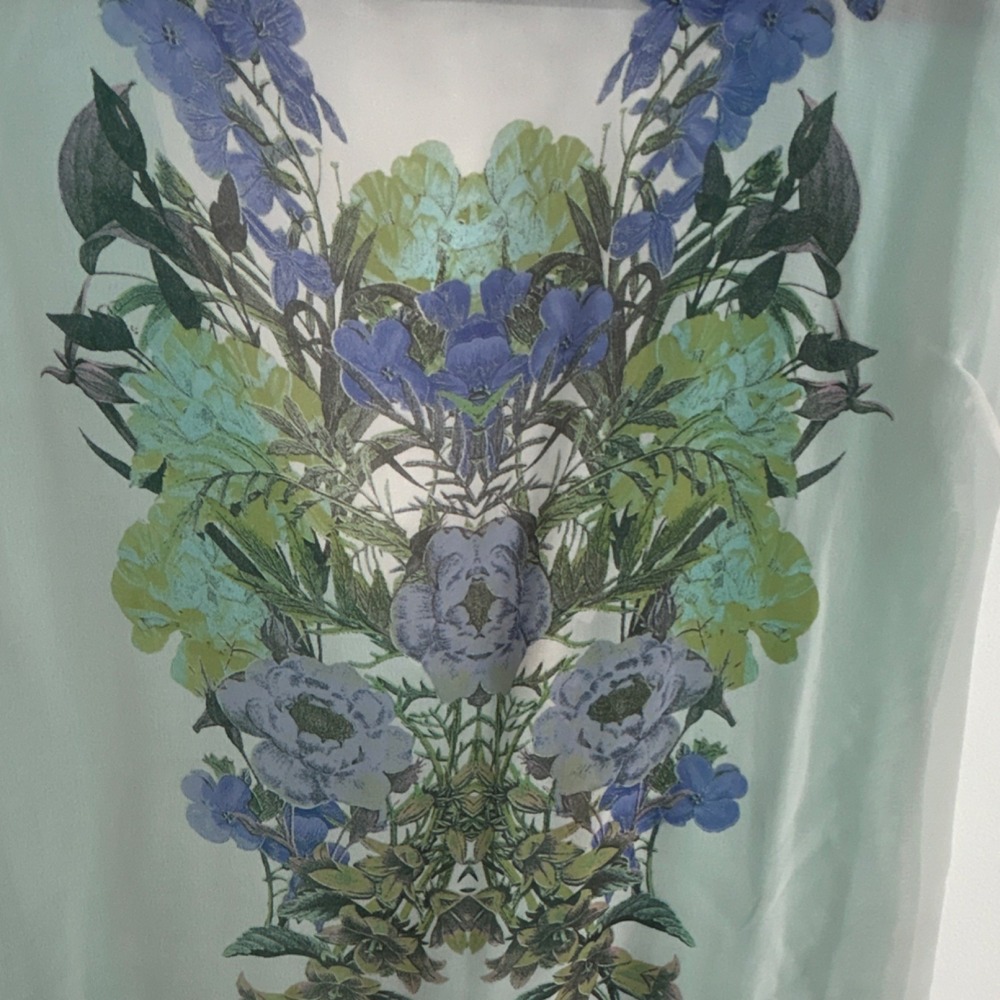 Spoiled Women's Green Floral Sheer Chiffon Layered V-Neck Cap Sleeve Top L - Picture 2 of 6